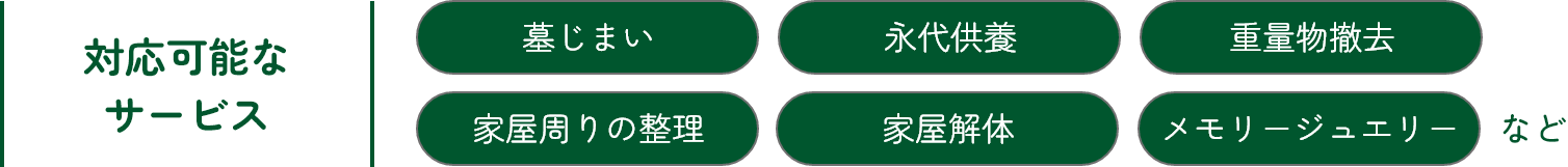 対応可能な
サービス:墓じまい・永代供養・重量物撤去・家屋周りの整理・家屋解体・メモリージュエリーなど